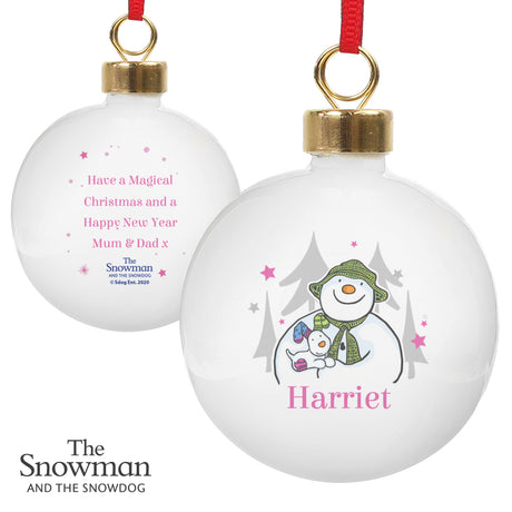 Personalised The Snowman and the Snowdog Pink Bauble - Christmas Baubles at Gift Moments