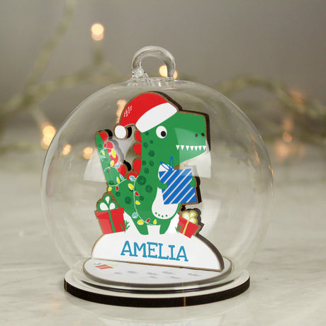 Personalised Wooden Dinosaur Glass Bauble - Christmas Baubles at Gift Moments