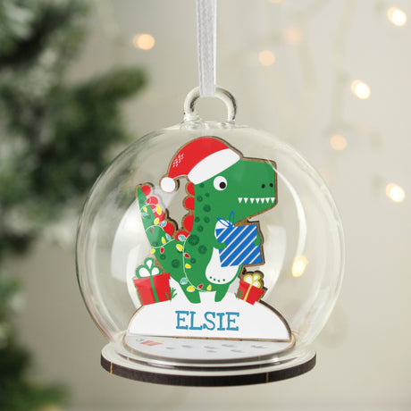 Personalised Wooden Dinosaur Glass Bauble - Christmas Baubles at Gift Moments