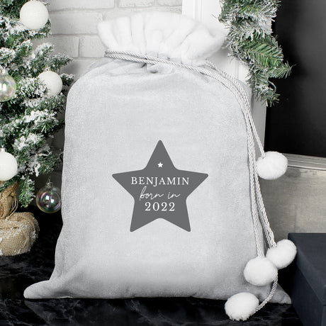 Personalised Born In Luxury Silver Grey Pom Pom Sack - Christmas Sacks at Gift Moments