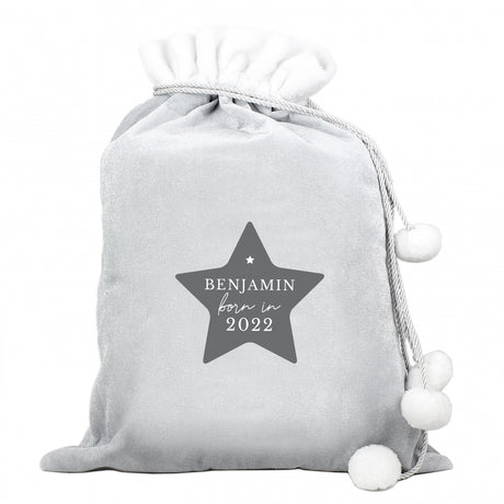 Personalised Born In Luxury Silver Grey Pom Pom Sack - Christmas Sacks at Gift Moments