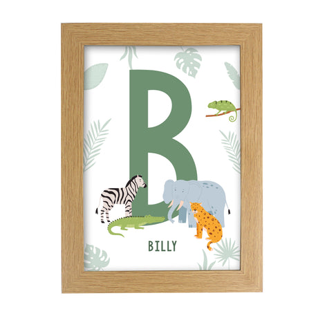 Personalised Safari Animals Initial A4 Oak Framed Print - Framed Prints at Gift Moments