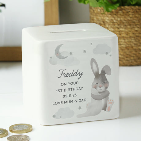 Personalised Baby Bunny Ceramic Square Money Box - Money Boxes at Gift Moments