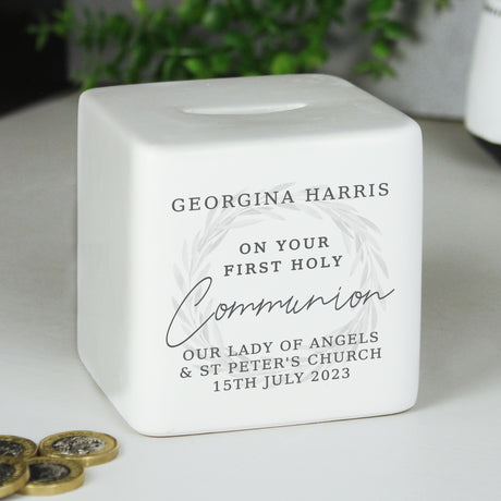 Personalised First Holy Communion Ceramic Square Money Box - Money Boxes at Gift Moments