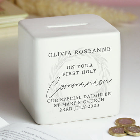 Personalised First Holy Communion Ceramic Square Money Box - Money Boxes at Gift Moments