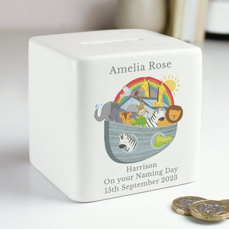 Personalised Noah's Ark Ceramic Square Money Box - Money Boxes at Gift Moments