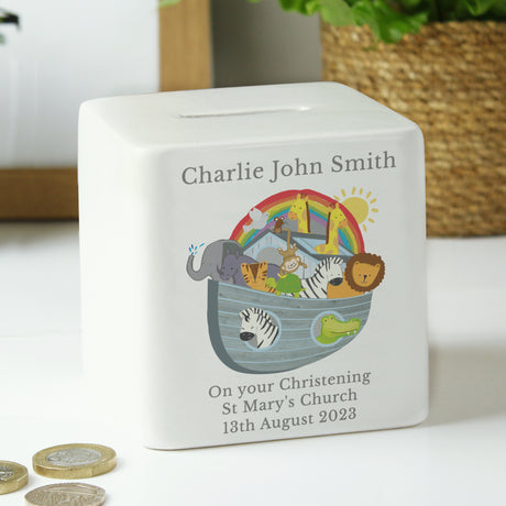 Personalised Noah's Ark Ceramic Square Money Box - Money Boxes at Gift Moments