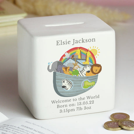 Personalised Noah's Ark Ceramic Square Money Box - Money Boxes at Gift Moments