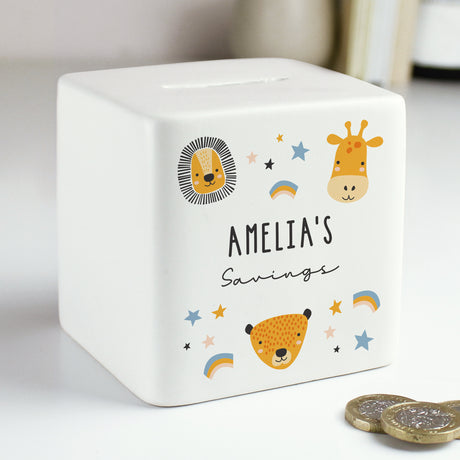 Personalised Scandi Safari Animals Ceramic Square Money Box - Money Boxes at Gift Moments