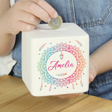 Personalised Dreamcatcher Ceramic Square Money Box - Money Boxes at Gift Moments