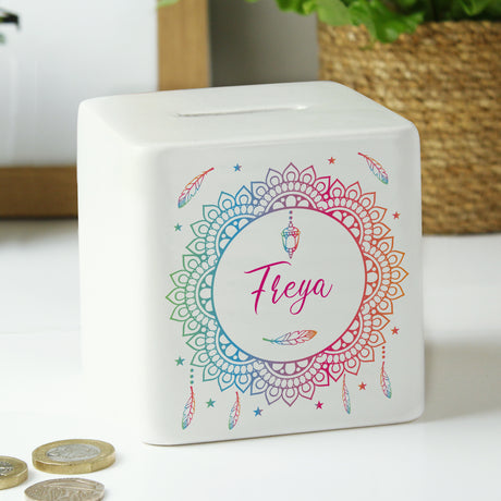 Personalised Dreamcatcher Ceramic Square Money Box - Money Boxes at Gift Moments