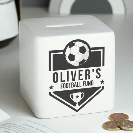 Personalised Football Badge Ceramic Square Money Box - Money Boxes at Gift Moments