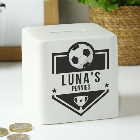 Personalised Football Badge Ceramic Square Money Box - Money Boxes at Gift Moments