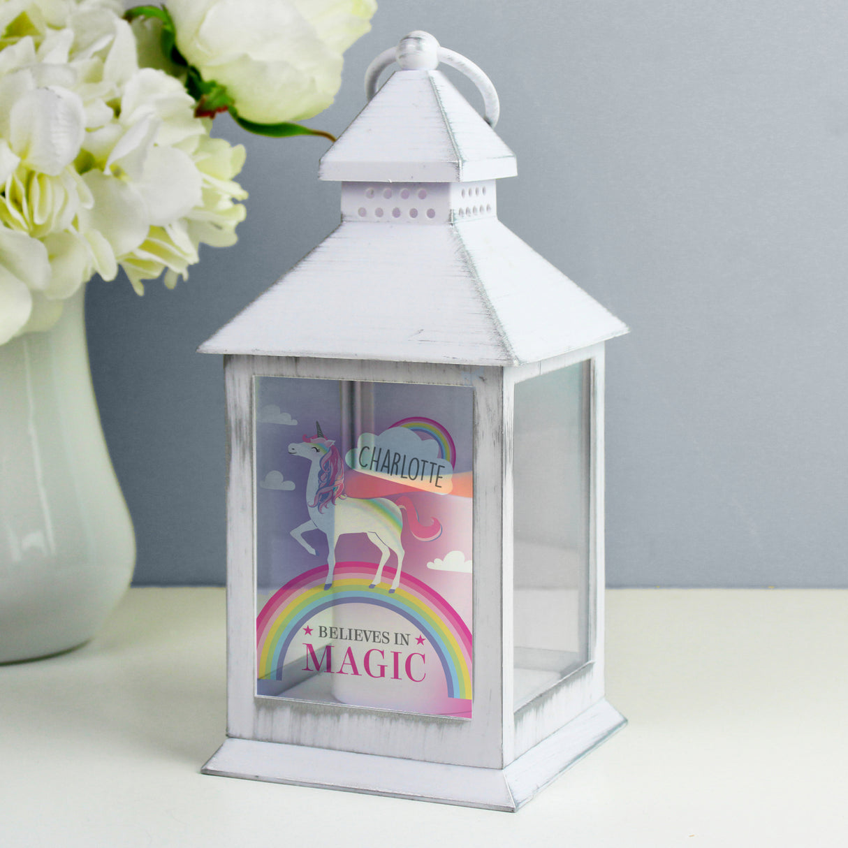 Personalised Unicorn Frost White Lantern - LED Lighting at Gift Moments