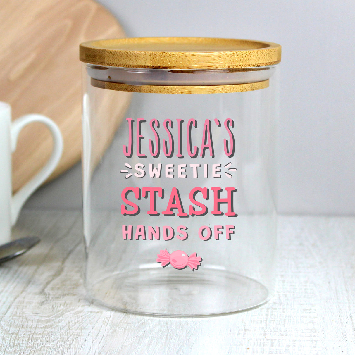 Personalised Sweetie Stash Glass Jar with Bamboo Lid - Storage at Gift Moments