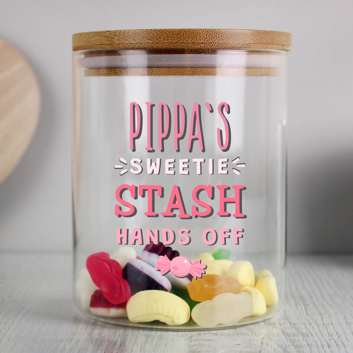 Personalised Sweetie Stash Glass Jar with Bamboo Lid - Storage at Gift Moments