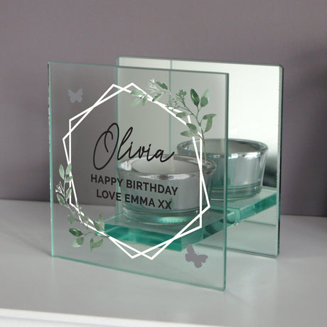 Personalised Botanical Mirrored Glass Tea Light Candle Holder - Candle Holders at Gift Moments