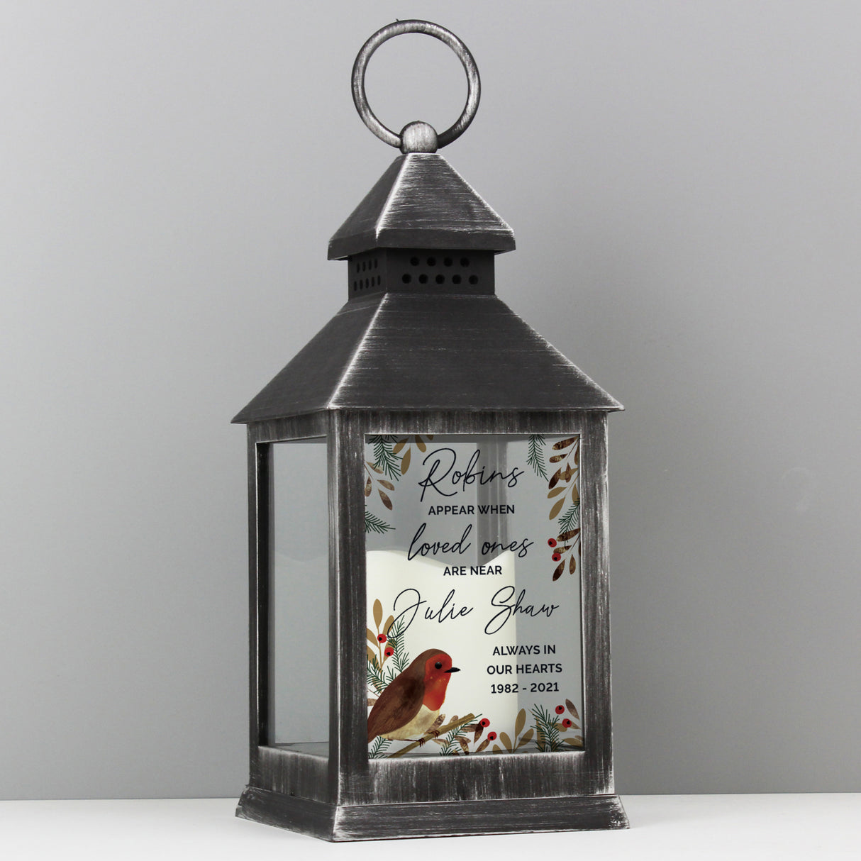 Personalised Robins Appear.. Memorial Black Lantern - LED Lighting at Gift Moments