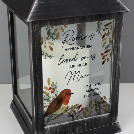 Personalised Robins Appear.. Memorial Black Lantern - LED Lighting at Gift Moments