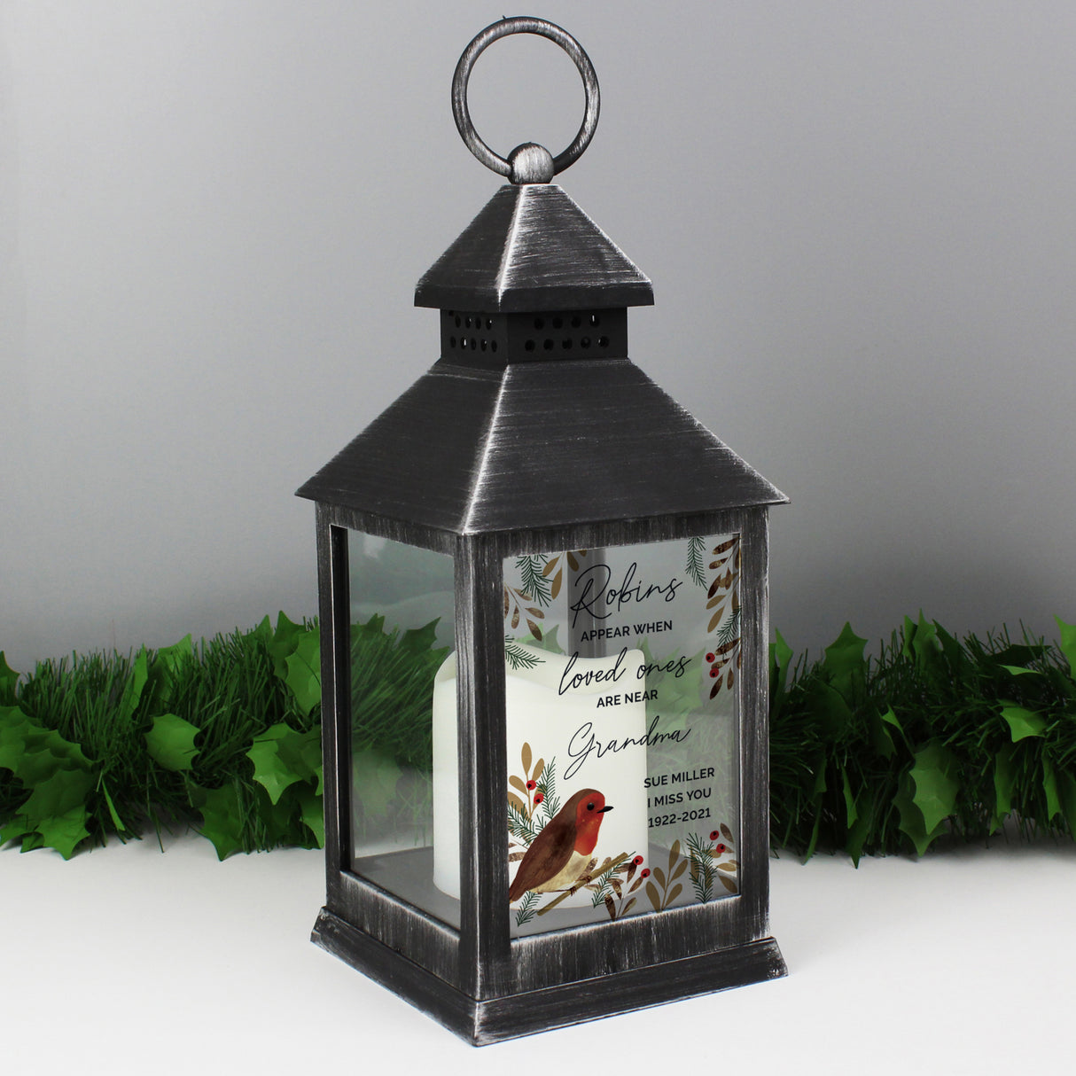 Personalised Robins Appear.. Memorial Black Lantern - LED Lighting at Gift Moments