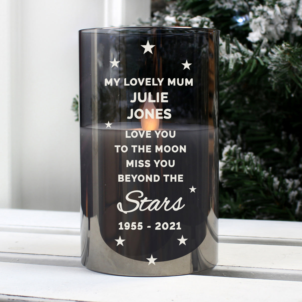 Personalised Miss You Beyond The Stars Smoked Glass LED Candle - LED Lighting at Gift Moments