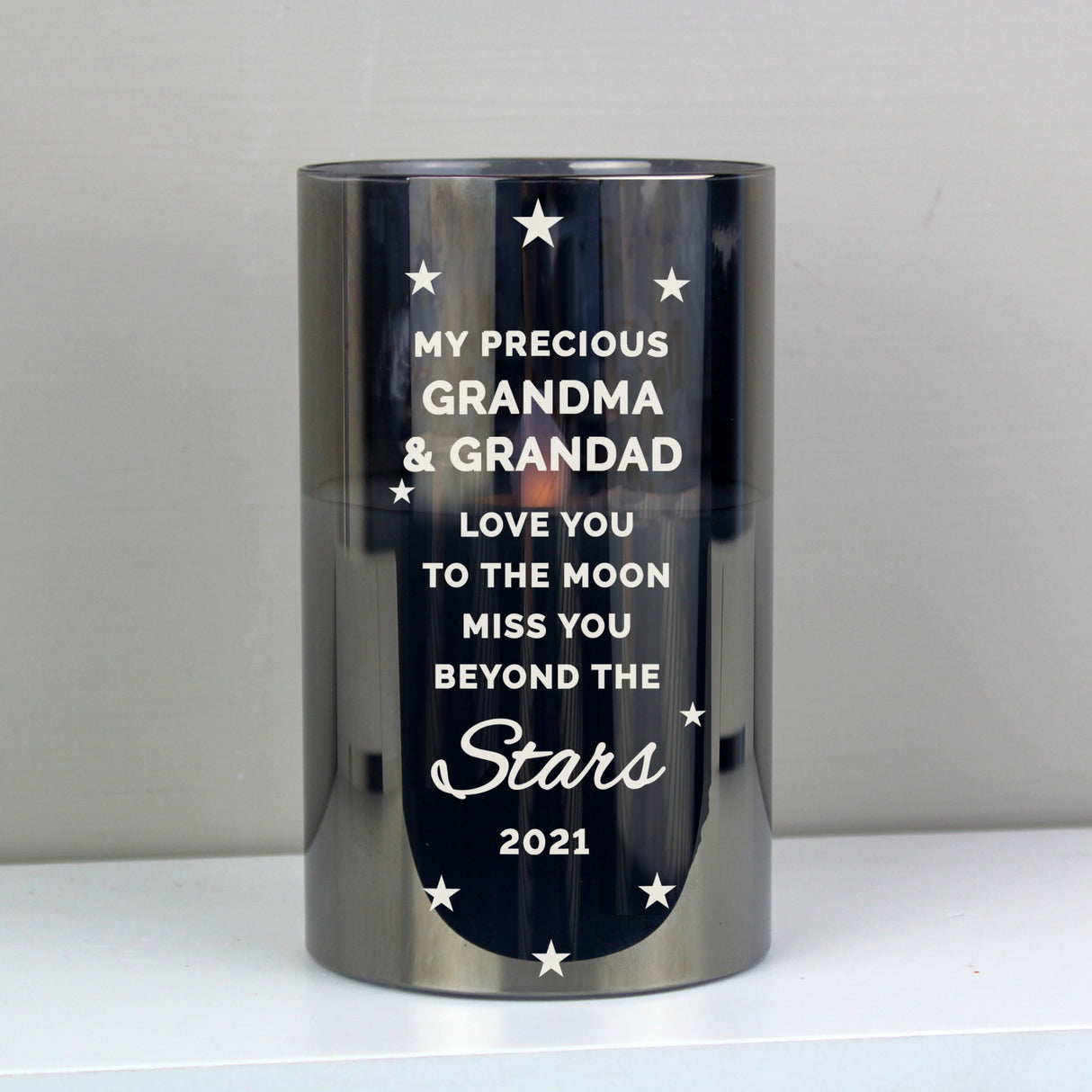 Personalised Miss You Beyond The Stars Smoked Glass LED Candle - LED Lighting at Gift Moments