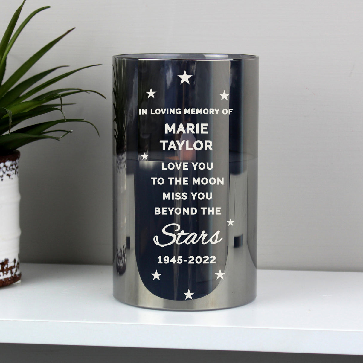 Personalised Miss You Beyond The Stars Smoked Glass LED Candle - LED Lighting at Gift Moments