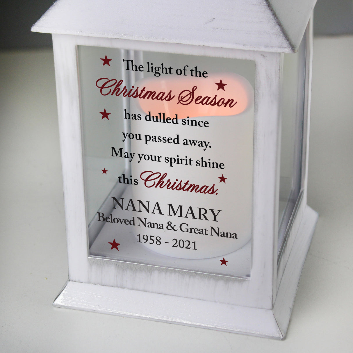 Personalised Christmas Season Memorial White Lantern - LED Lighting at Gift Moments