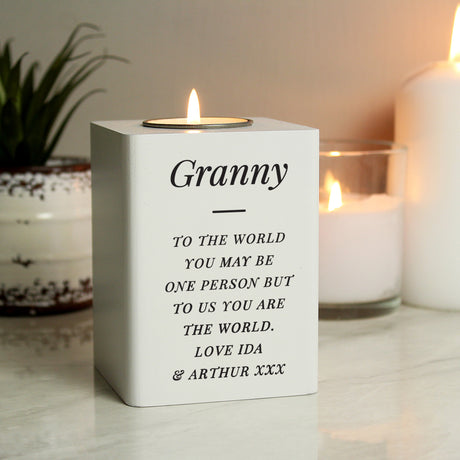 Personalised Free Text White Wooden Tea Light Holder - Candle Holders at Gift Moments