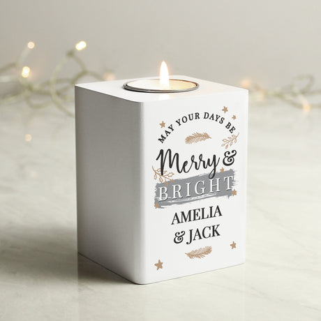 Personalised Merry & Bright White Wooden Tea light Holder - Candle Holders at Gift Moments