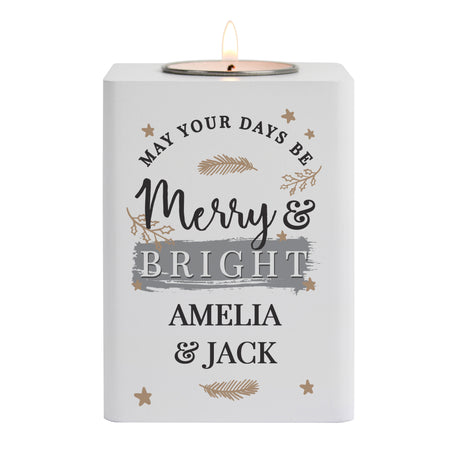 Personalised Merry & Bright White Wooden Tea light Holder - Candle Holders at Gift Moments