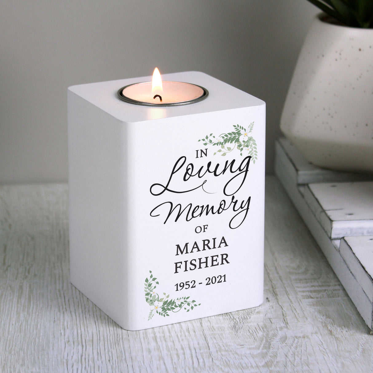 Personalised In Loving Memory White Wooden Tea Light Holder - Candle Holders at Gift Moments