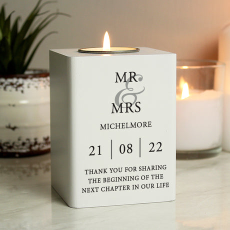 Personalised Couples White Wooden Tea Light Holder - Candle Holders at Gift Moments