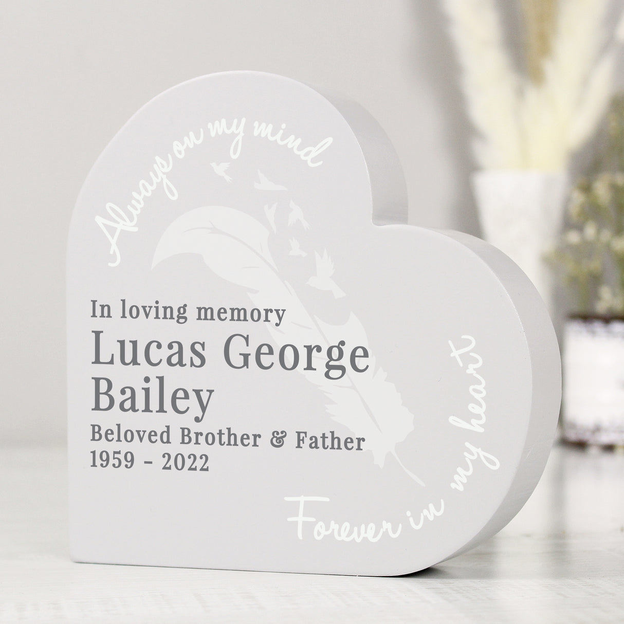 Personalised Feather Free Standing Heart Ornament - Memorials at Gift Moments