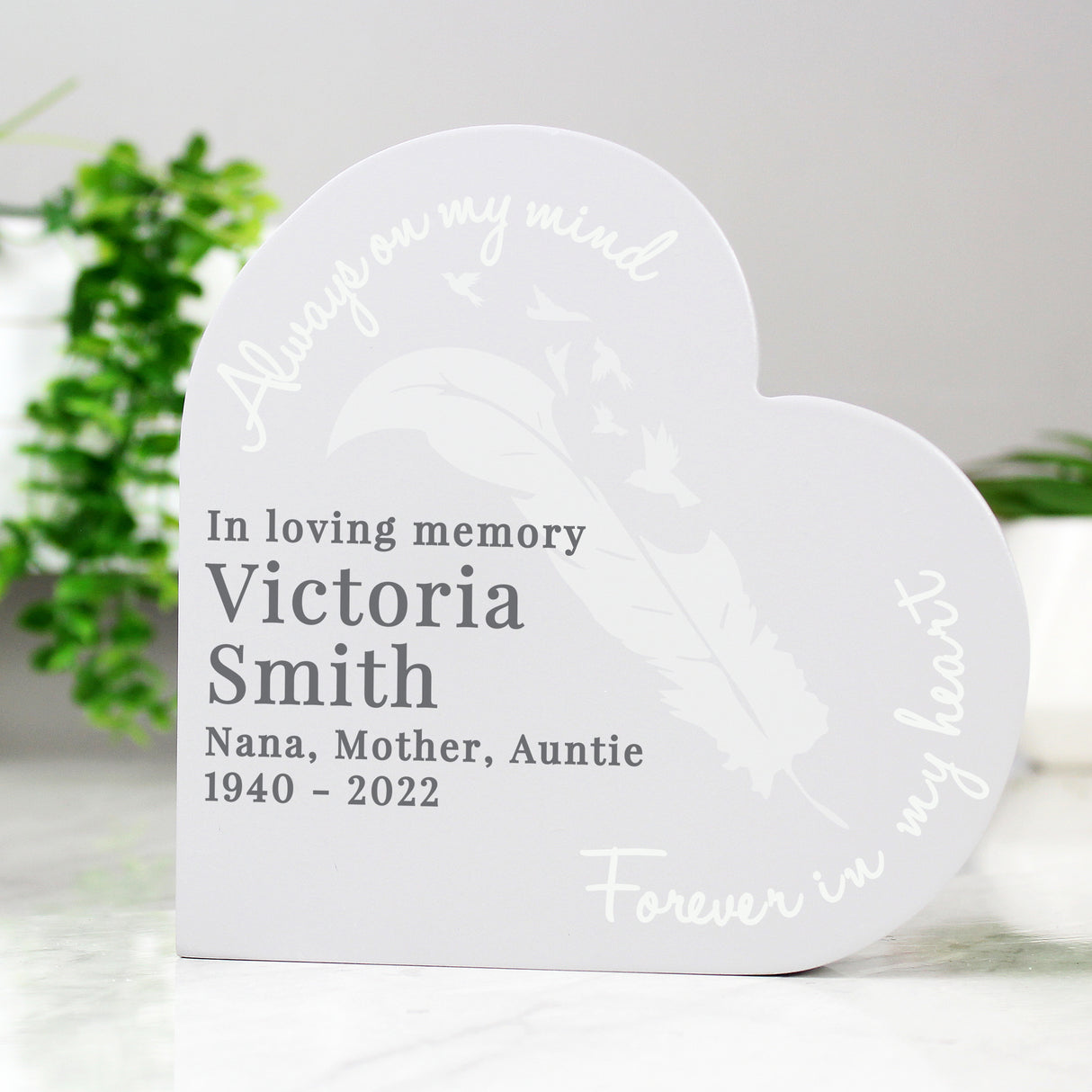 Personalised Feather Free Standing Heart Ornament - Memorials at Gift Moments