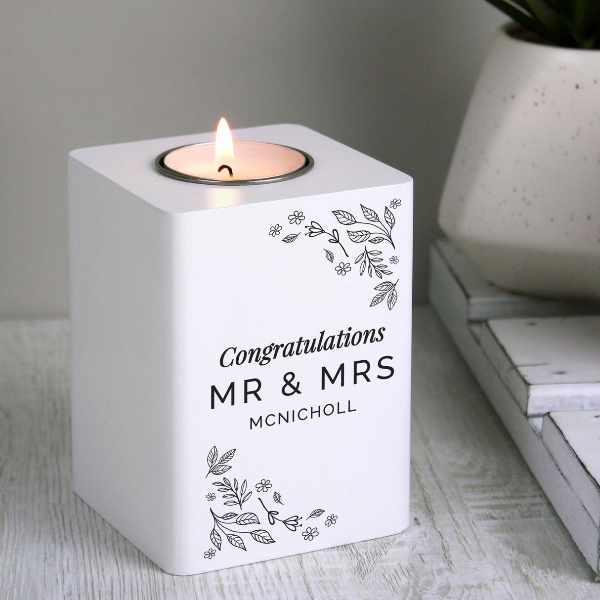 Personalised Floral Leaf Wooden Tea Light Holder: 2 - Candle Holders By Gift Moments