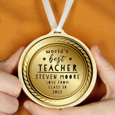 Personalised World's Best Teacher Round Wooden Medal - Keepsakes at Gift Moments