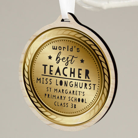 Personalised World's Best Teacher Round Wooden Medal - Keepsakes at Gift Moments