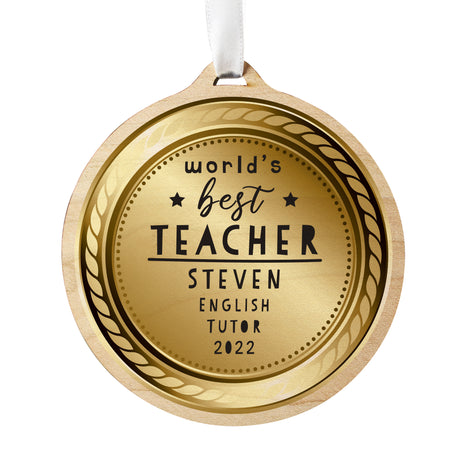 Personalised World's Best Teacher Round Wooden Medal - Keepsakes at Gift Moments