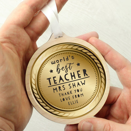 Personalised World's Best Teacher Round Wooden Medal - Keepsakes at Gift Moments