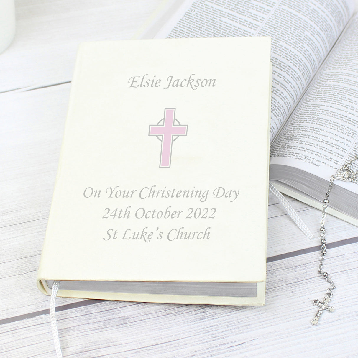 Personalised Pink Cross Holy Bible - Eco-friendly - Books at Gift Moments