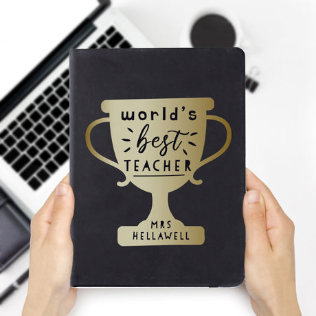 Personalised World's Best Teacher Trophy Black Hardback Notebook - Notebooks at Gift Moments