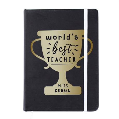 Personalised World's Best Teacher Trophy Black Hardback Notebook - Notebooks at Gift Moments