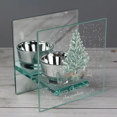 Personalised A Winter's Night Mirrored Glass Tea Light Candle Holder - Candle Holders at Gift Moments