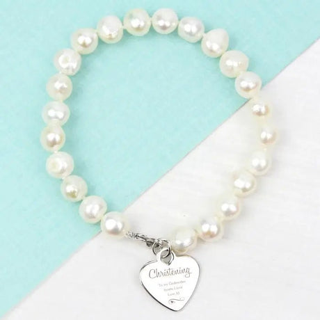 Personalised Christening Swirls & Hearts White Freshwater Pearl Bracelet - Bracelets at Gift Moments