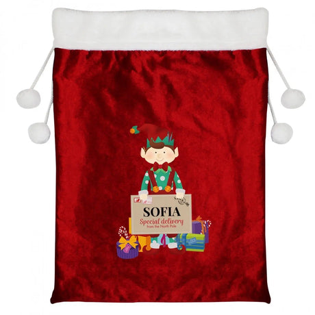 Personalised Christmas Elf Luxury Pom Pom Red Sack - Christmas Sacks at Gift Moments