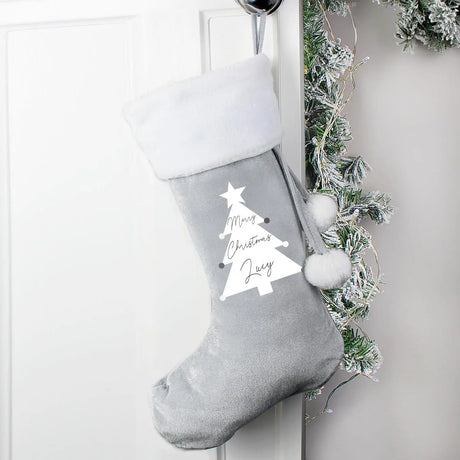 Personalised Christmas Tree Luxury Silver Grey Stocking - Gift Moments