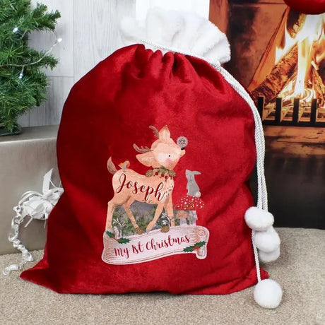 Personalised Festive Fawn Luxury Pom Pom Red Sack - Christmas Sacks at Gift Moments