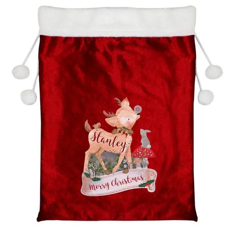 Personalised Festive Fawn Luxury Pom Pom Red Sack - Christmas Sacks at Gift Moments