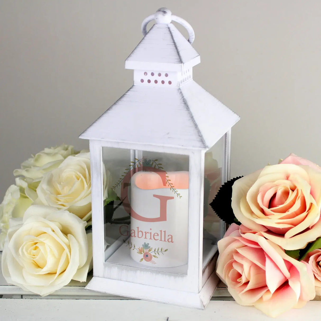 Personalised Floral Bouquet White Lantern - LED Lighting at Gift Moments